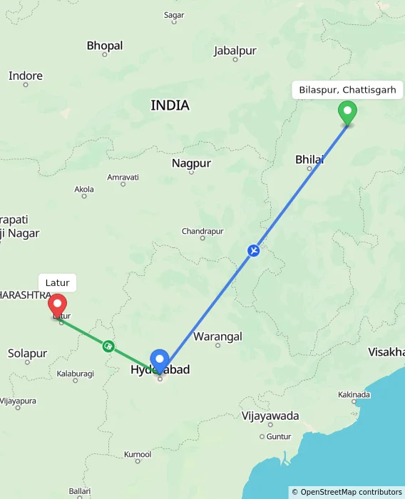 Route map showing distance and travel time from Bilaspur, Chattisgarh, India to Latur, India