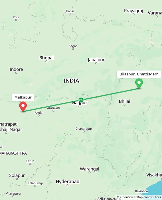 Route map showing distance and travel time from Bilaspur, Chattisgarh, India to Malkapur, India
