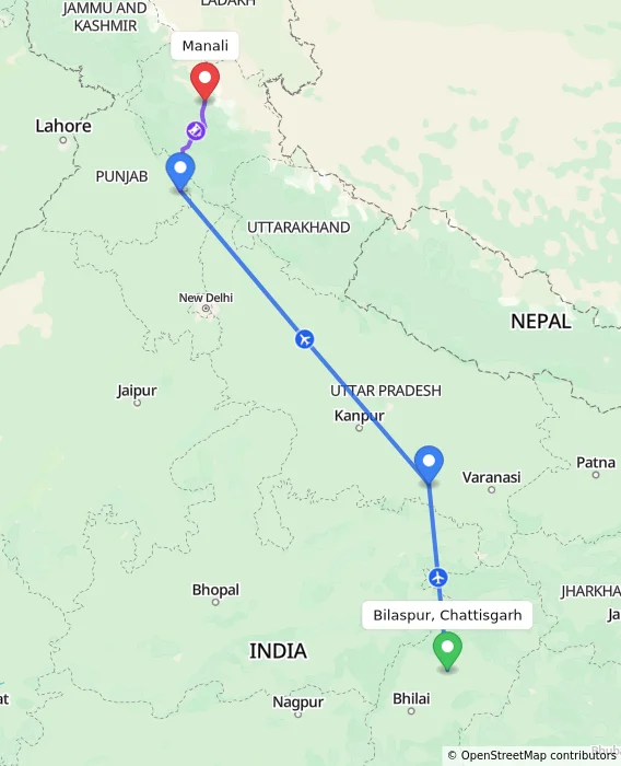 Route map showing distance and travel time from Bilaspur, Chattisgarh, India to Manali, India