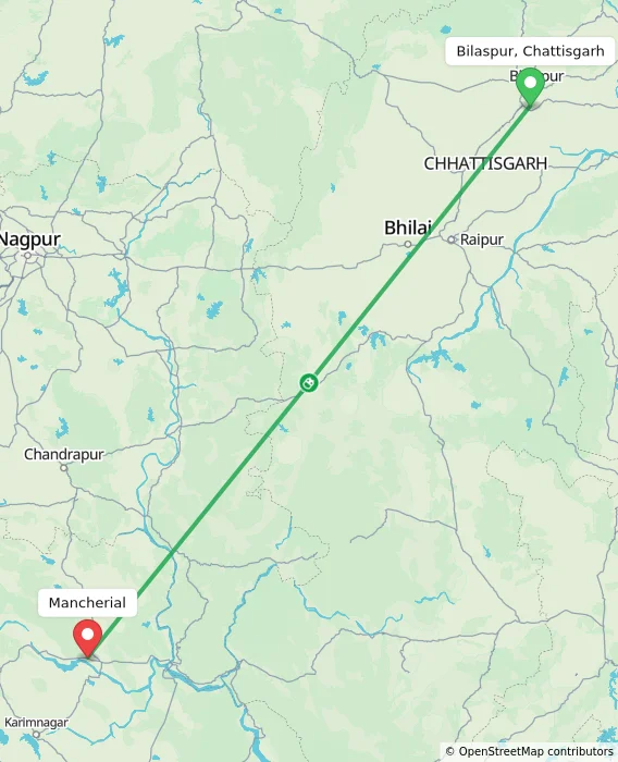 Route map showing distance and travel time from Bilaspur, Chattisgarh, India to Mancherial, India