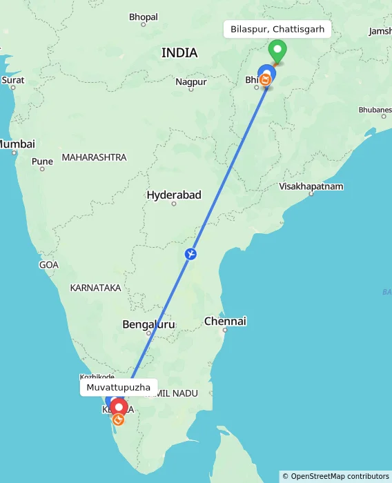 Route map showing distance and travel time from Bilaspur, Chattisgarh, India to Muvattupuzha, India