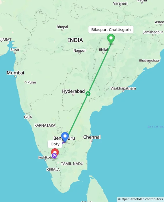 Route map showing distance and travel time from Bilaspur, Chattisgarh, India to Ooty, India