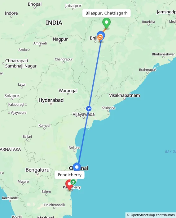 Route map showing distance and travel time from Bilaspur, Chattisgarh, India to Puducherry, India