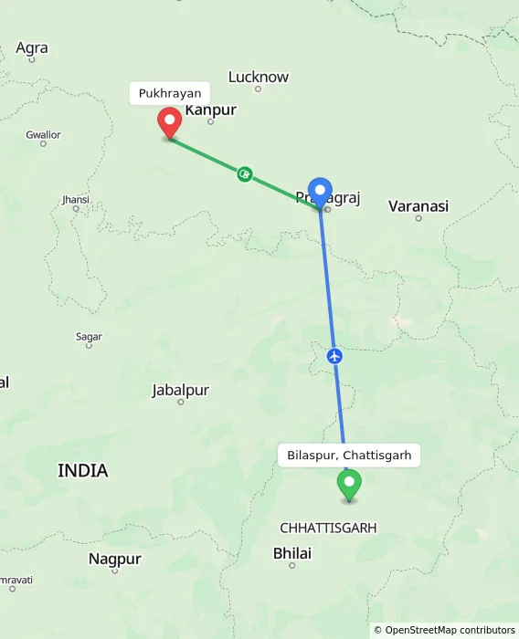 Route map showing distance and travel time from Bilaspur, Chattisgarh, India to Pukhrayan, India