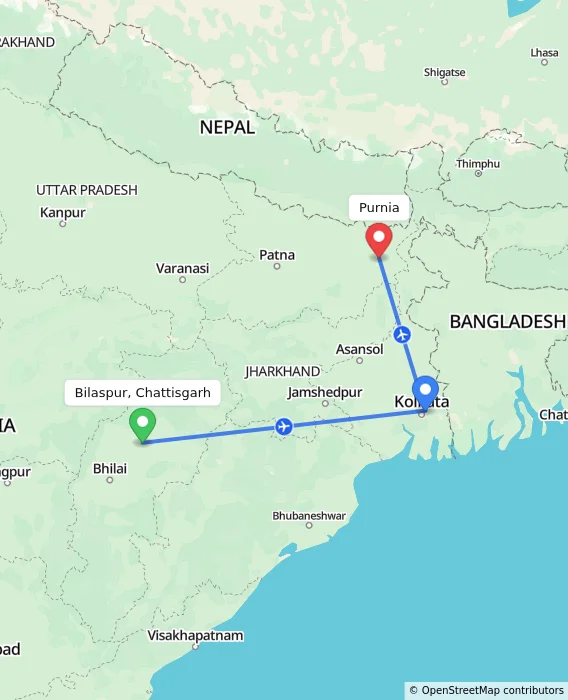 Route map showing distance and travel time from Bilaspur, Chattisgarh, India to Purnia, India