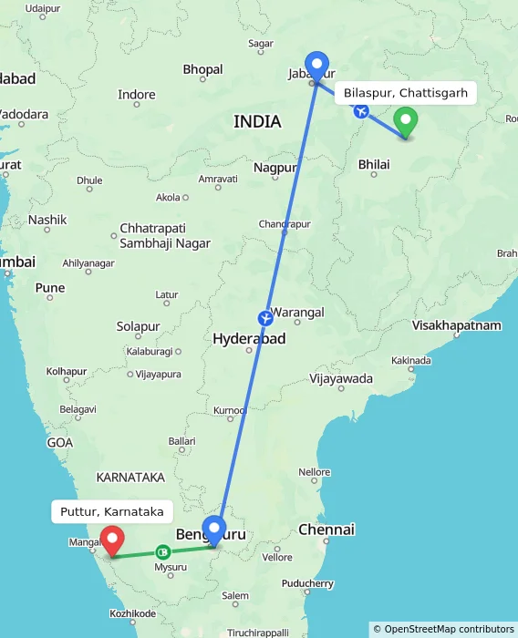 Route map showing distance and travel time from Bilaspur, Chattisgarh, India to Puttur, Karnataka, India