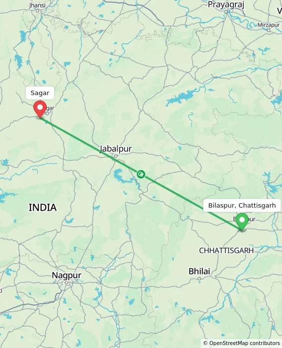 Route map showing distance and travel time from Bilaspur, Chattisgarh, India to Sagar, India