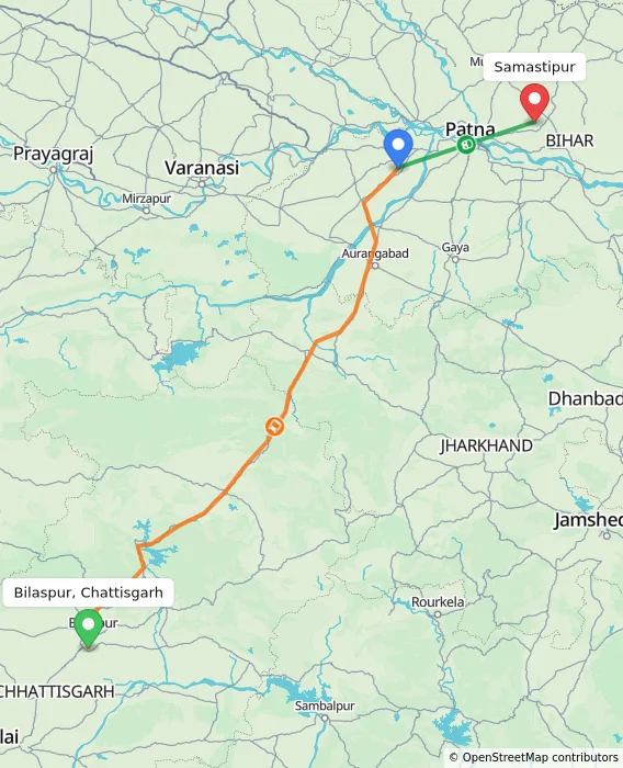 Route map showing distance and travel time from Bilaspur, Chattisgarh, India to Samastipur, India