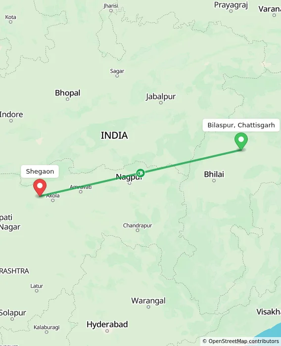 Route map showing distance and travel time from Bilaspur, Chattisgarh, India to Shegaon, India