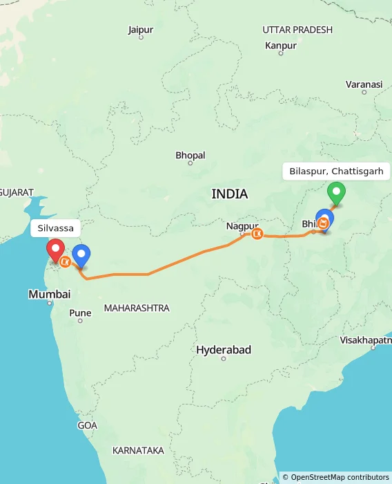 Route map showing distance and travel time from Bilaspur, Chattisgarh, India to Silvassa, India