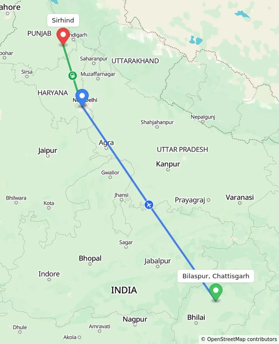 Route map showing distance and travel time from Bilaspur, Chattisgarh, India to Sirhind, India