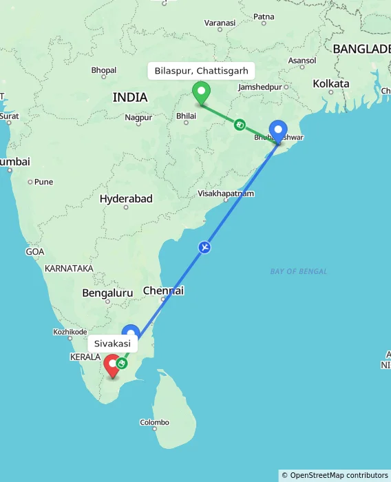 Route map showing distance and travel time from Bilaspur, Chattisgarh, India to Sivakasi, India