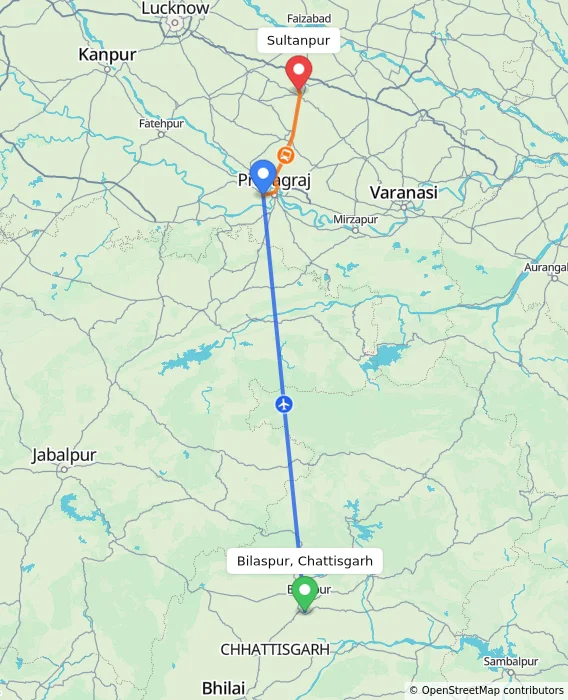 Route map showing distance and travel time from Bilaspur, Chattisgarh, India to Sultanpur, India