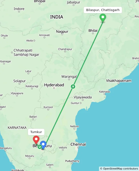 Route map showing distance and travel time from Bilaspur, Chattisgarh, India to Tumkur, India