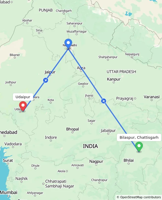 Route map showing distance and travel time from Bilaspur, Chattisgarh, India to Udaipur, India