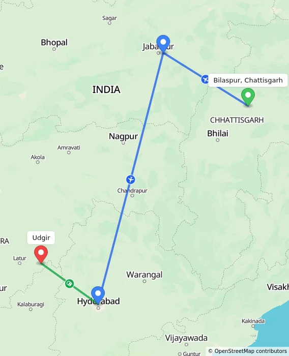 Route map showing distance and travel time from Bilaspur, Chattisgarh, India to Udgir, India