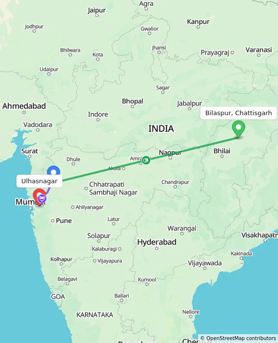 Route map showing distance and travel time from Bilaspur, Chattisgarh, India to Ulhasnagar, India