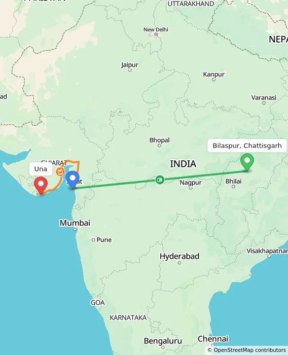 Route map showing distance and travel time from Bilaspur, Chattisgarh, India to Una, India