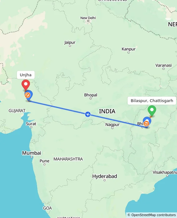 Route map showing distance and travel time from Bilaspur, Chattisgarh, India to Unjha, India