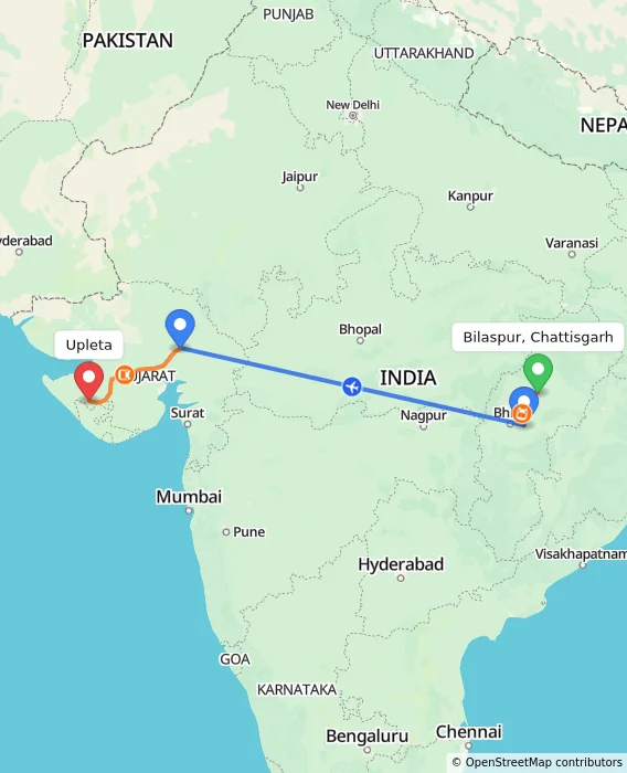 Route map showing distance and travel time from Bilaspur, Chattisgarh, India to Upleta, India