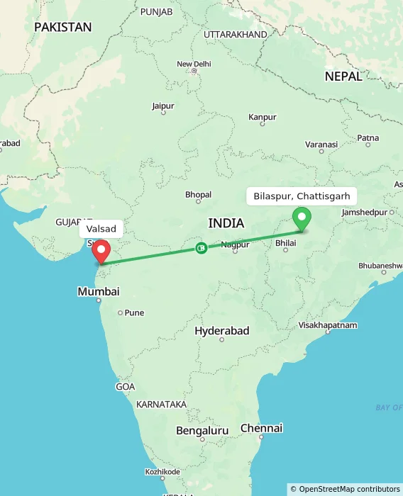 Route map showing distance and travel time from Bilaspur, Chattisgarh, India to Valsad, India