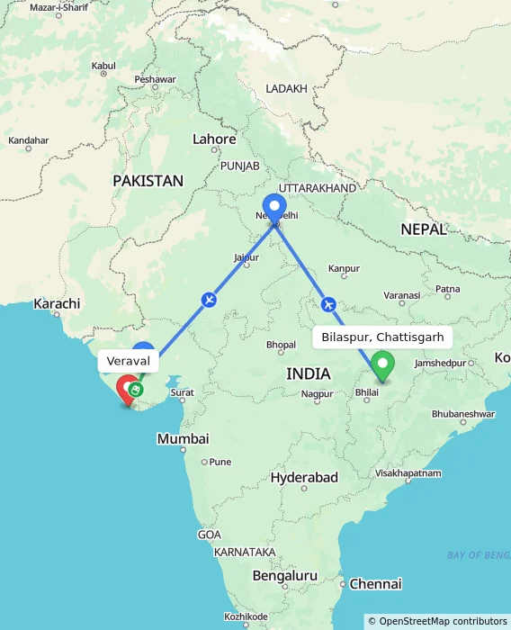 Route map showing distance and travel time from Bilaspur, Chattisgarh, India to Veraval, India