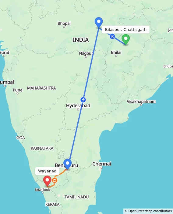Route map showing distance and travel time from Bilaspur, Chattisgarh, India to Wayanad, India