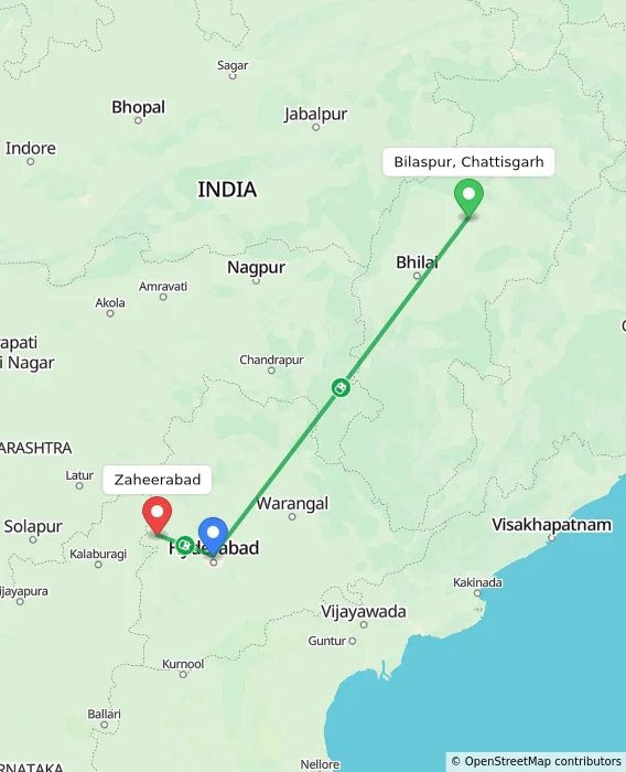 Route map showing distance and travel time from Bilaspur, Chattisgarh, India to Zaheerabad, India