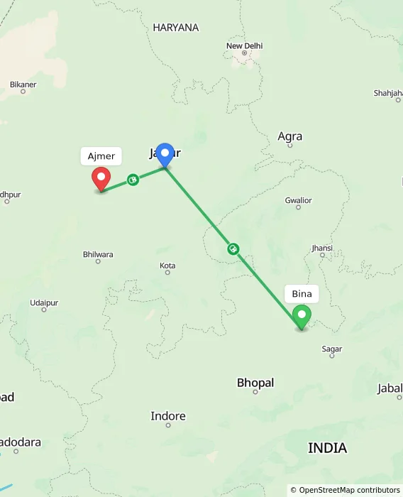 Route map showing distance and travel time from Bina, India to Ajmer, India