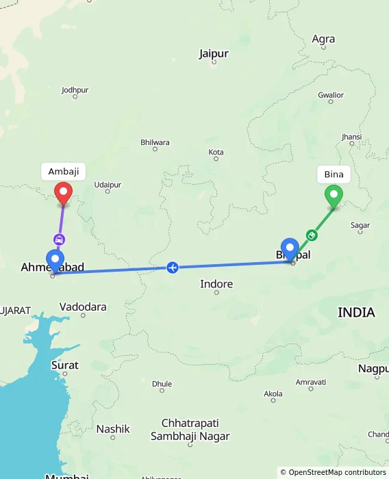 Route map showing distance and travel time from Bina, India to Ambaji, India