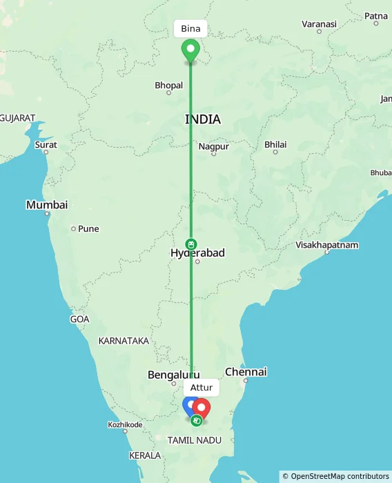Route map showing distance and travel time from Bina, India to Attur, India
