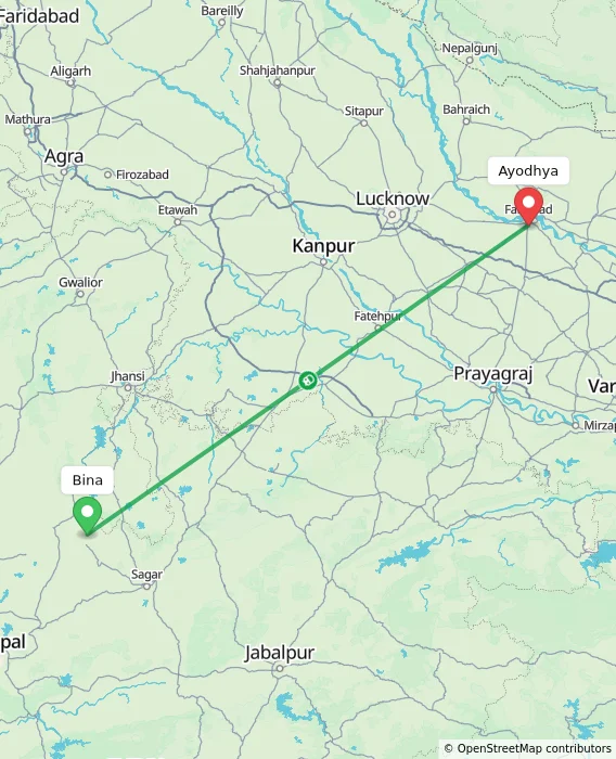 Route map showing distance and travel time from Bina, India to Ayodhya, India