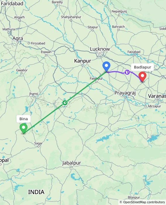 Route map showing distance and travel time from Bina, India to Badlapur, India