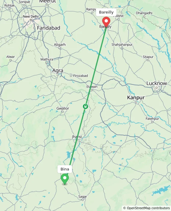 Route map showing distance and travel time from Bina, India to Bareilly, India