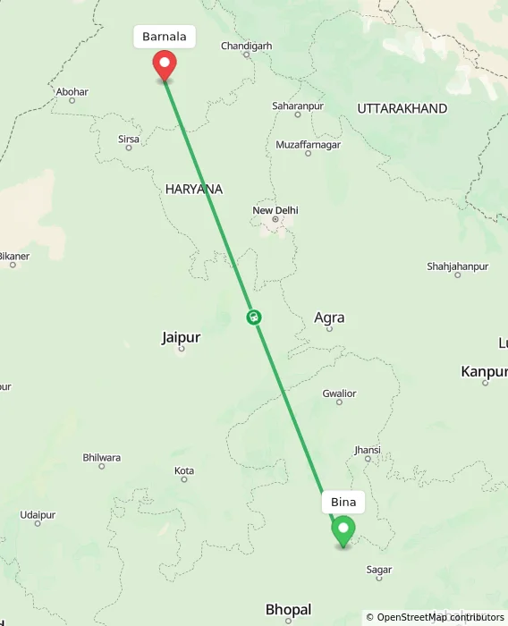 Route map showing distance and travel time from Bina, India to Barnala, India