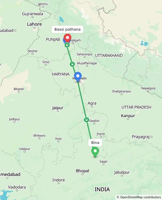 Route map showing distance and travel time from Bina, India to Bassi pathana, India