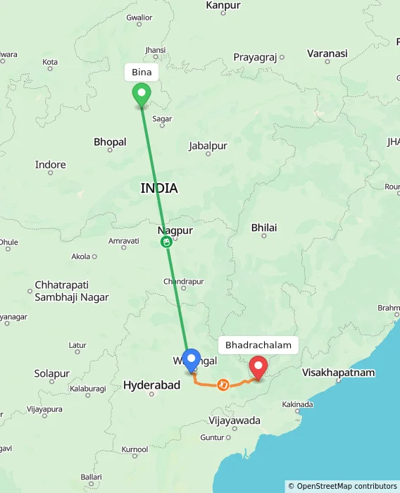 Route map showing distance and travel time from Bina, India to Bhadrachalam, India
