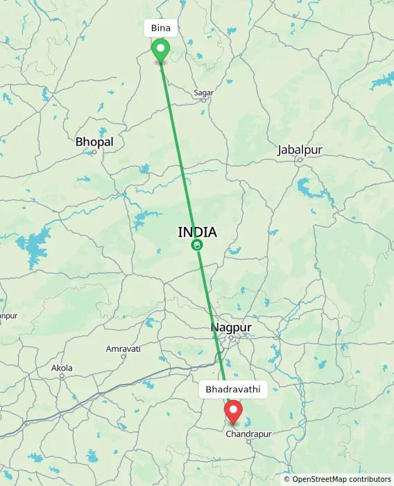 Route map showing distance and travel time from Bina, India to Bhadravathi, India
