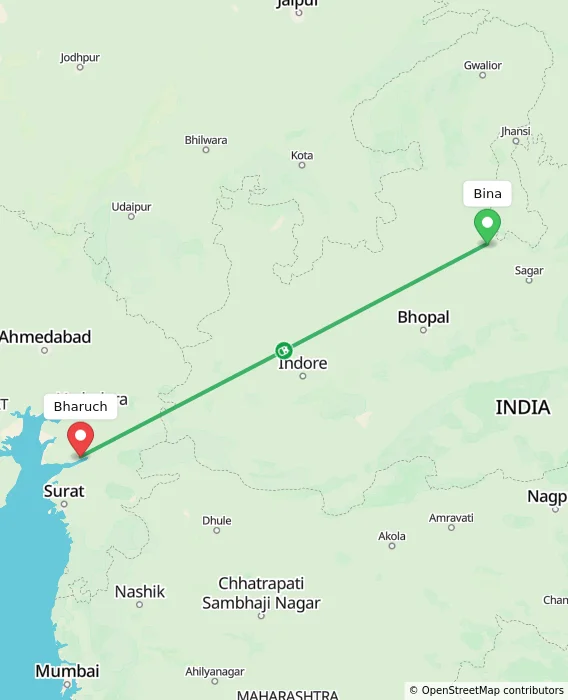 Route map showing distance and travel time from Bina, India to Bharuch, India
