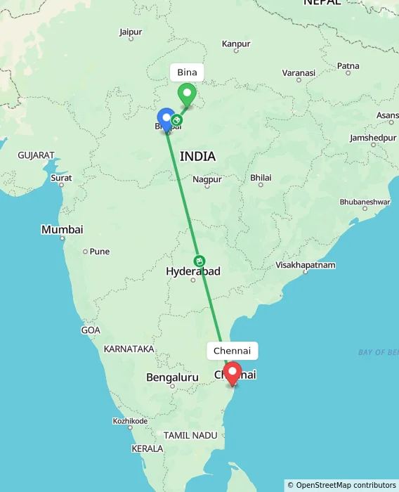 Route map showing distance and travel time from Bina, India to Chennai, India
