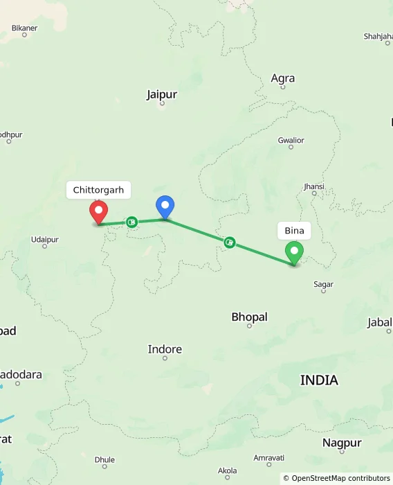 Route map showing distance and travel time from Bina, India to Chittorgarh, India