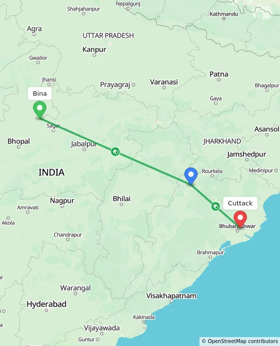 Route map showing distance and travel time from Bina, India to Cuttack, India