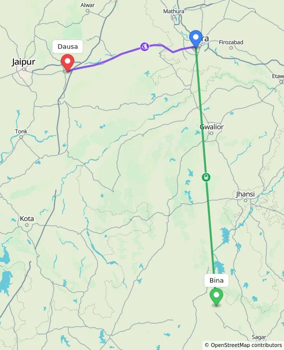 Route map showing distance and travel time from Bina, India to Dausa, India