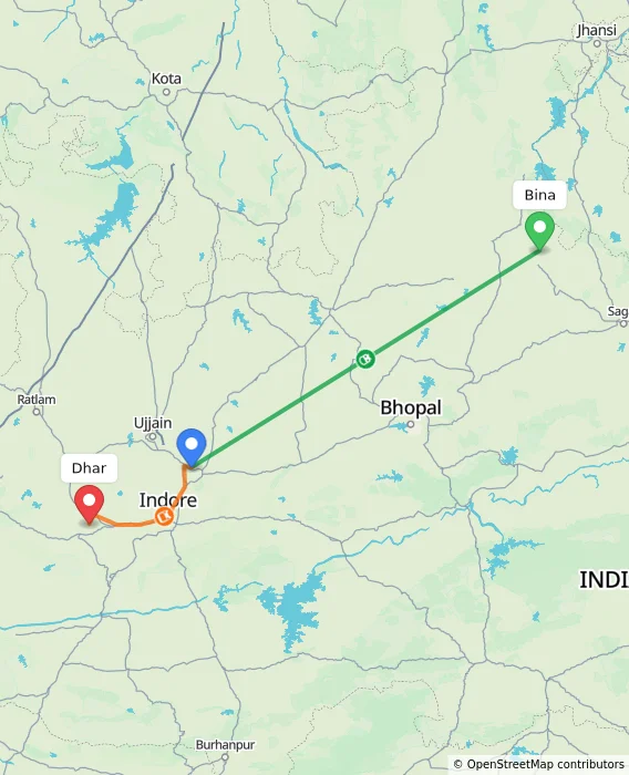 Route map showing distance and travel time from Bina, India to Dhar, India