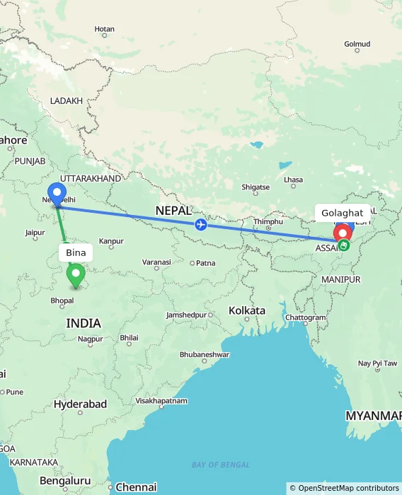 Route map showing distance and travel time from Bina, India to Golaghat, India