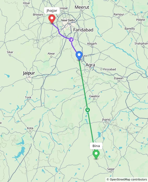 Route map showing distance and travel time from Bina, India to Jhajjar, India