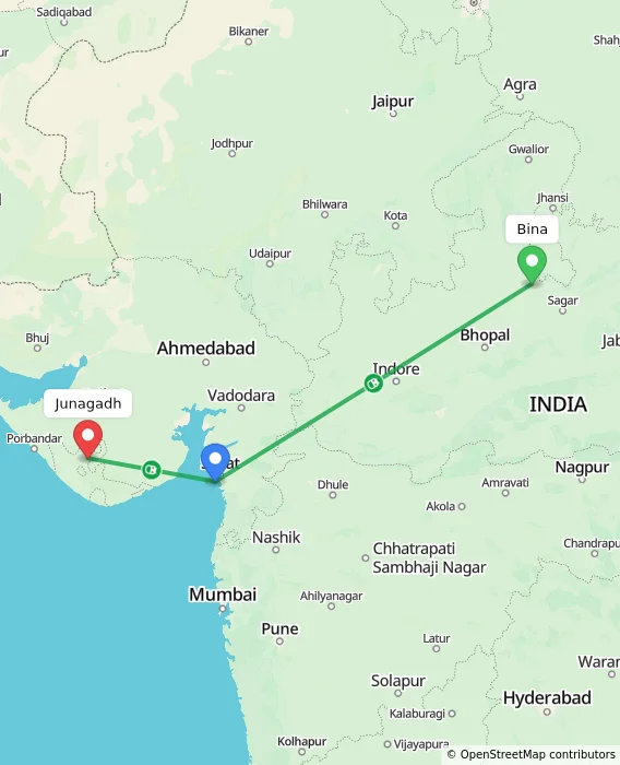 Route map showing distance and travel time from Bina, India to Junagadh, India