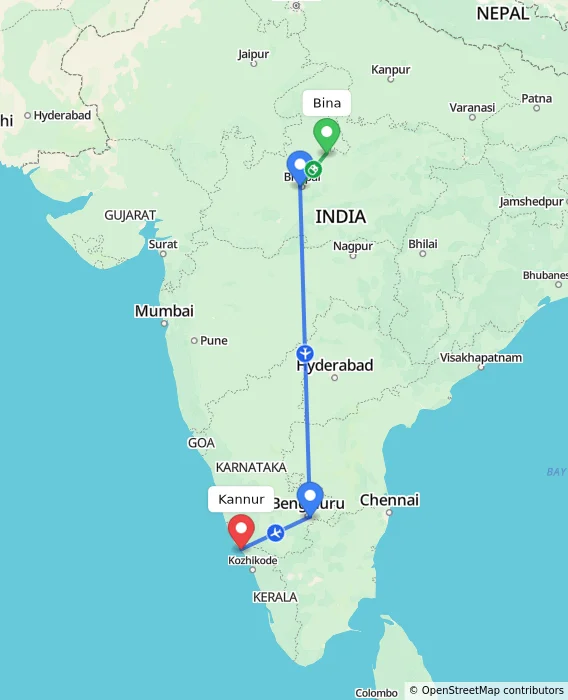 Route map showing distance and travel time from Bina, India to Kannur, India