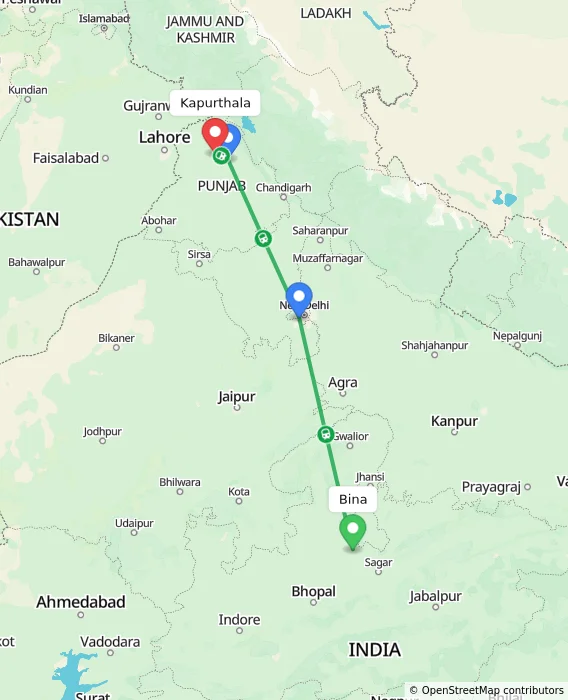 Route map showing distance and travel time from Bina, India to Kapurthala, India