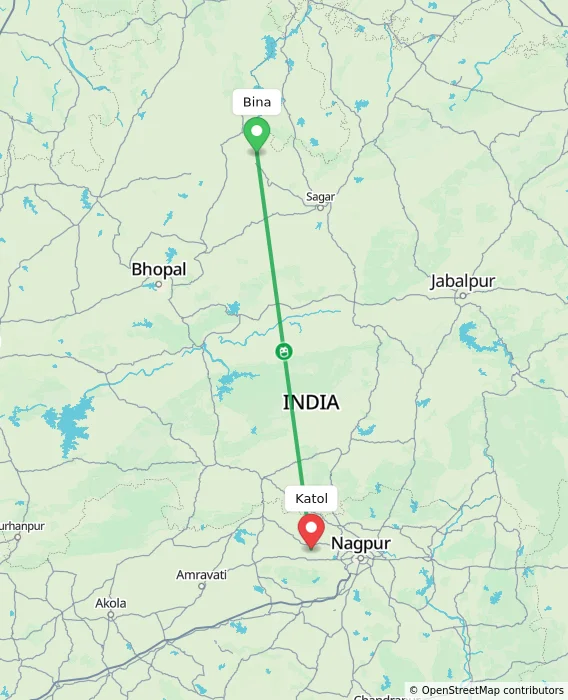 Route map showing distance and travel time from Bina, India to Katol, India